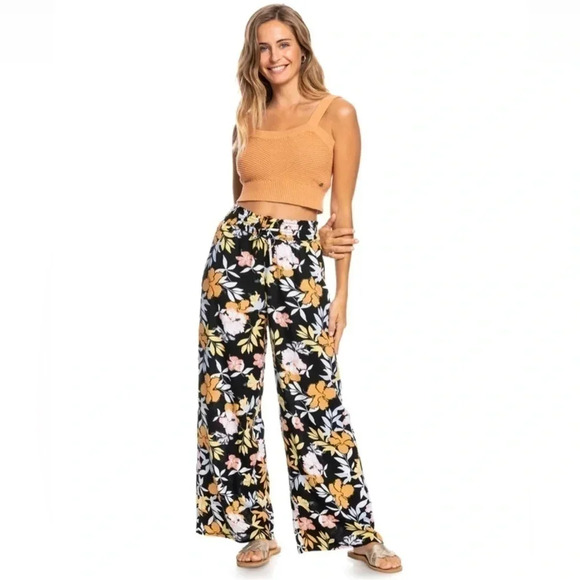 ROXY Black Floral Print Pull On Beach Pants. Size S - Picture 1 of 6